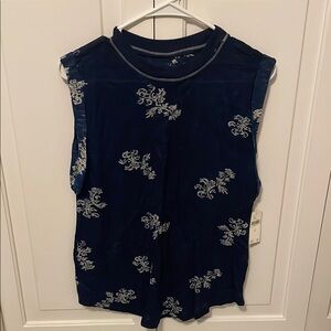 Navy Blue Sleeveless Top with Floral Pattern